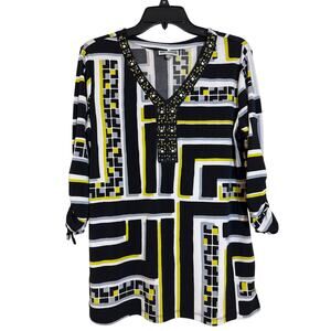 JM Collection Med. Asymmetrical 3/4 Ruched Sleeves Bling Neck Line Black Yellow